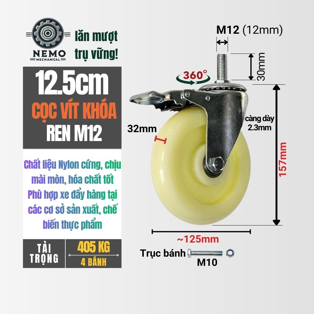 Bánh Xe Nylon Trắng Cọc Vít M12 – Chống Nước, Kháng Hóa Chất (D75, D100, D125)